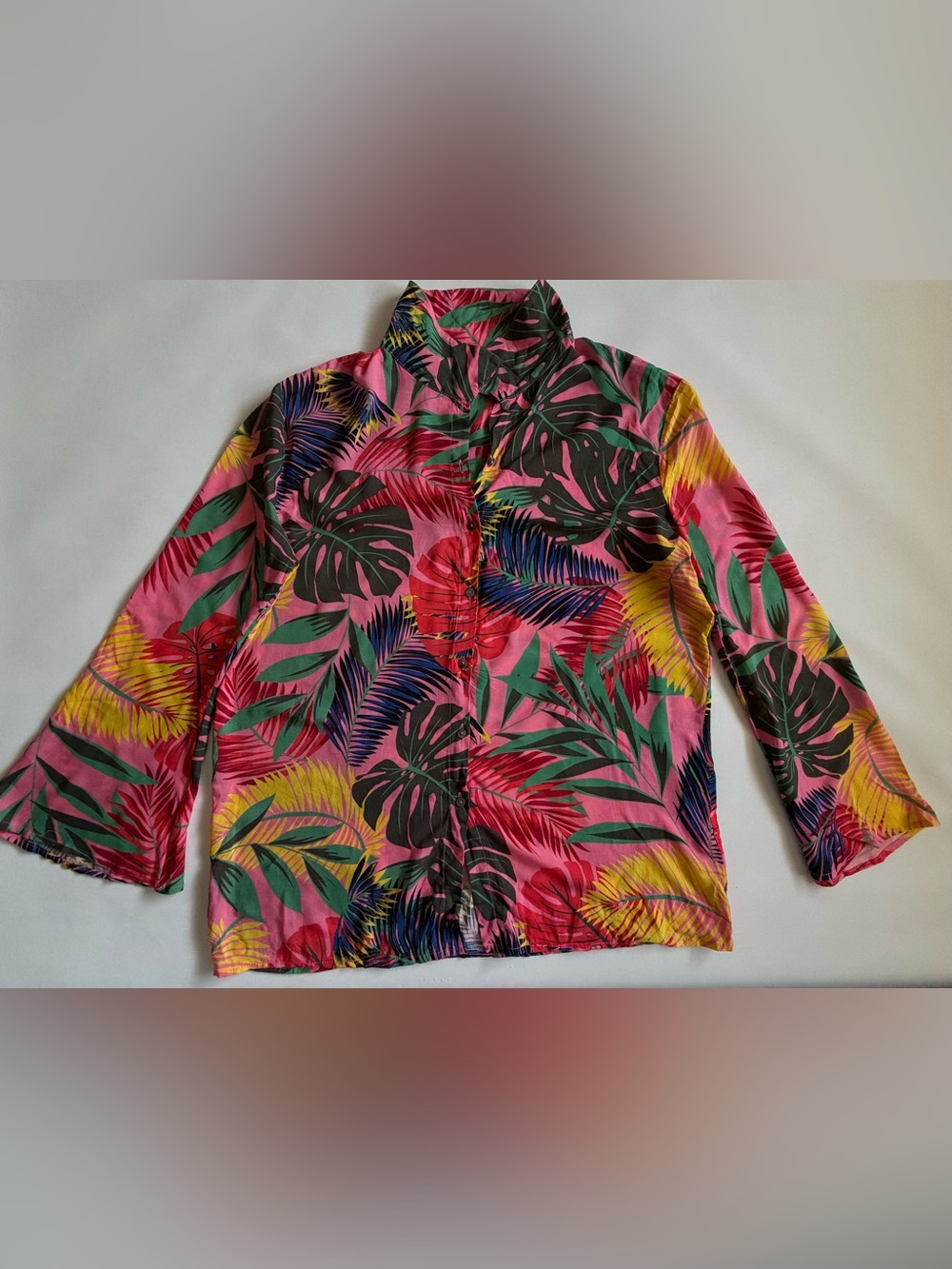 Vintage Y2K Pink Tropical Palm Leaf Button Down 3/4 Sleeve Blouse Size S